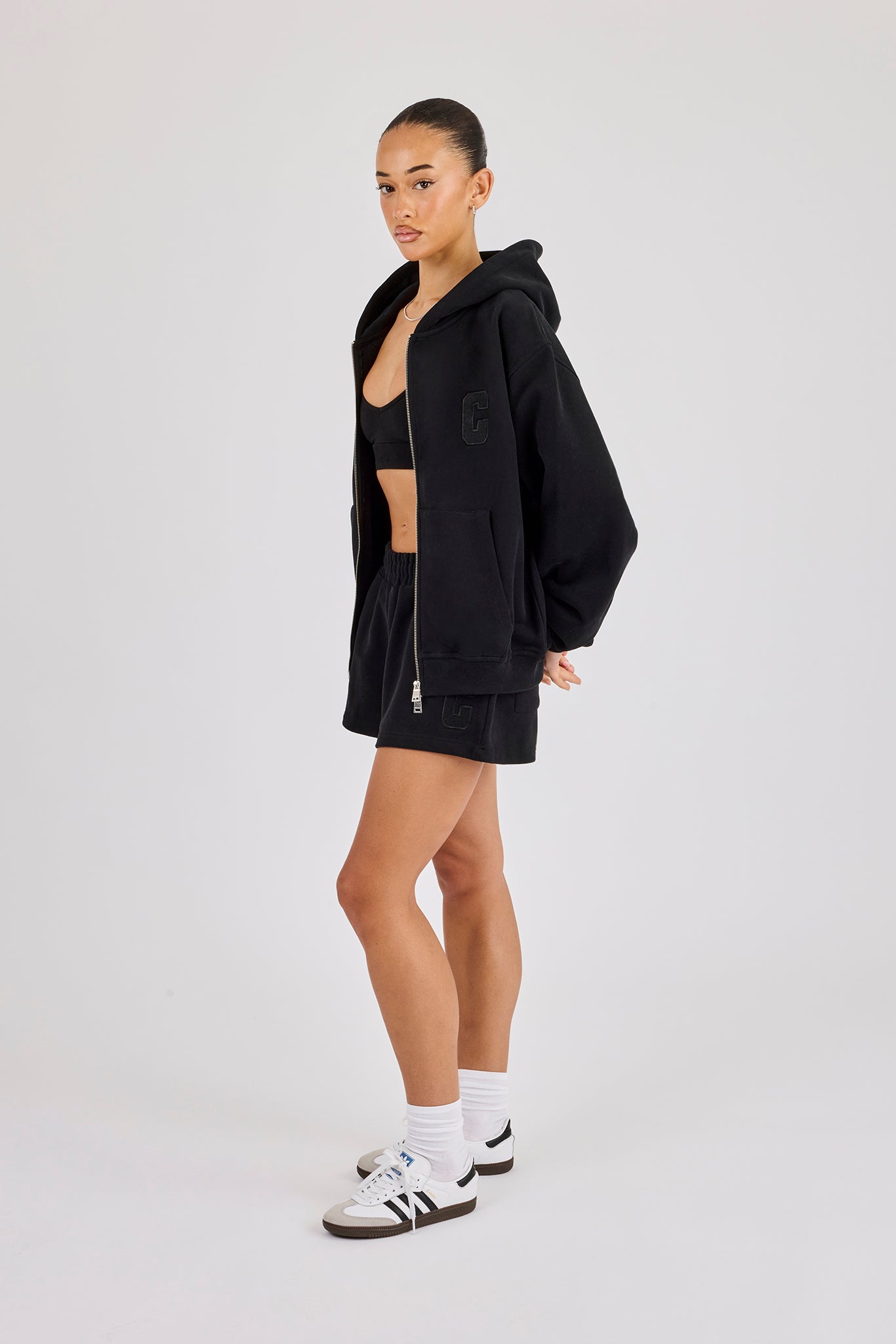 C Embroidered Zip Through Hoodie & Short - Black